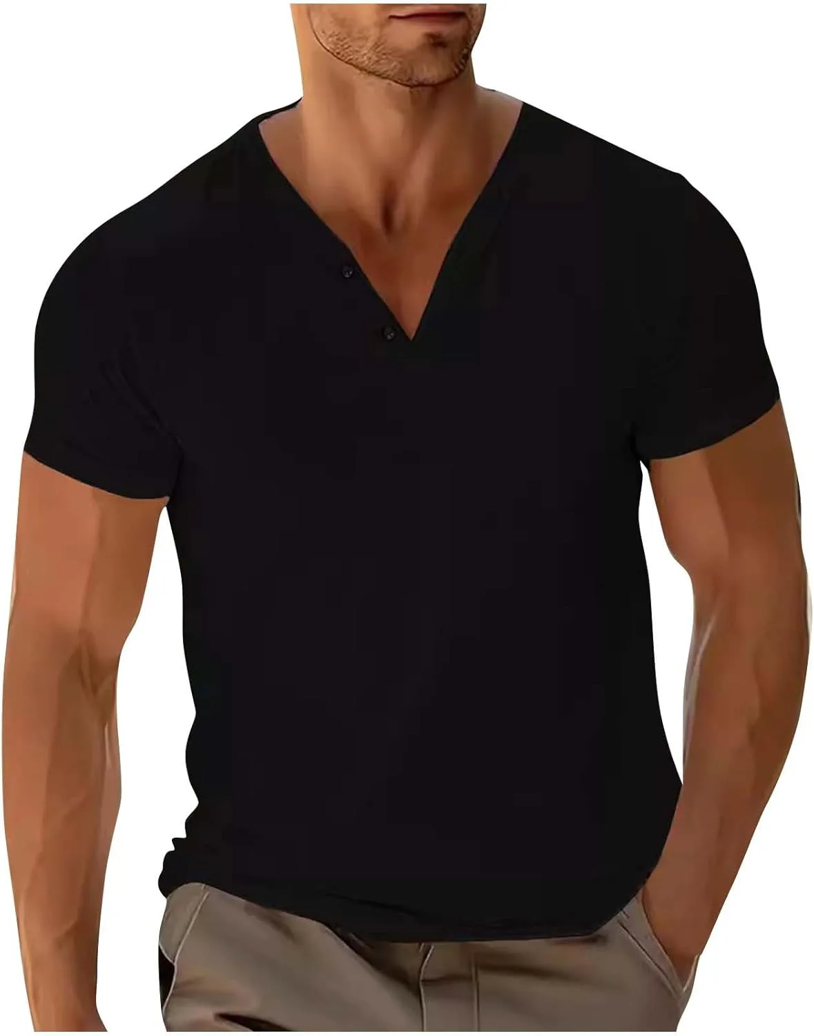 Мужская футболка с V-образным вырезом и пуговицами, хлопковая, летняя
Мужская футболка с V-образным вырезом и пуговицами, хлопковая, летняя