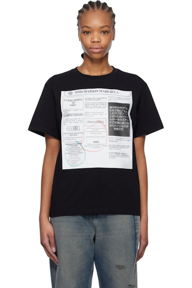 Черная футболка с газетным принтом MM6 Maison Margiela 
Черная футболка с газетным принтом MM6 Maison Margiela