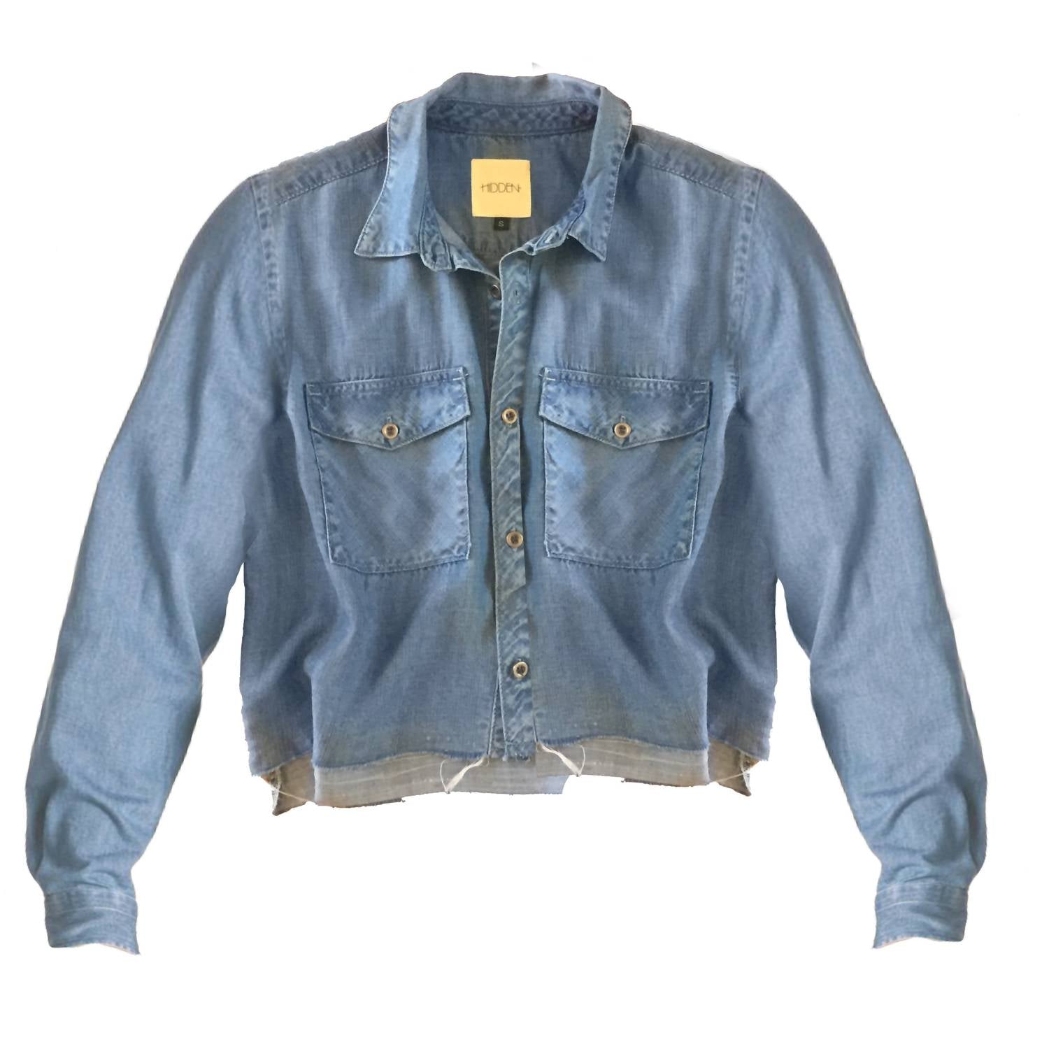 Джинсовая женская рубашка с воротником, укороченная, с бахромой и рваным краем, голубая HIDDEN
Джинсовая женская рубашка с воротником, укороченная, с бахромой и рваным краем, голубая HIDDEN