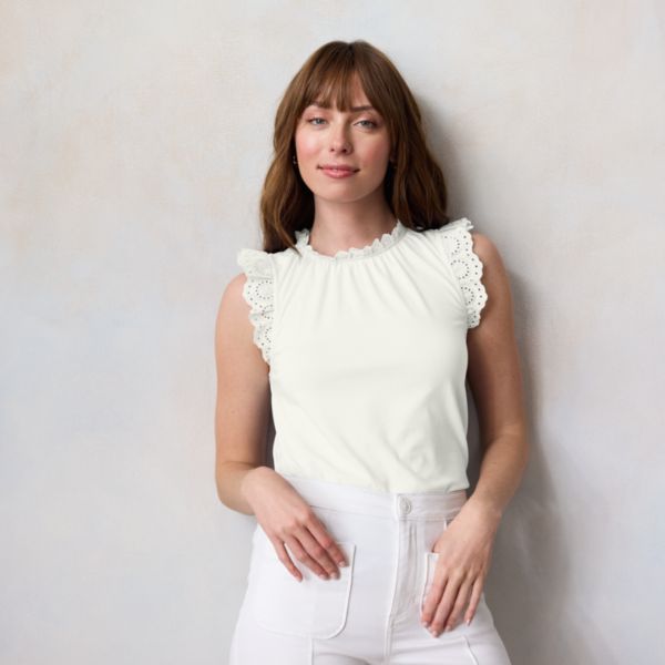 Женская кружевная майка с круглым вырезом и оборками на рукавах Lc Lauren Conrad, цвет stone white
Женская кружевная майка с круглым вырезом и оборками на рукавах Lc Lauren Conrad, цвет stone white