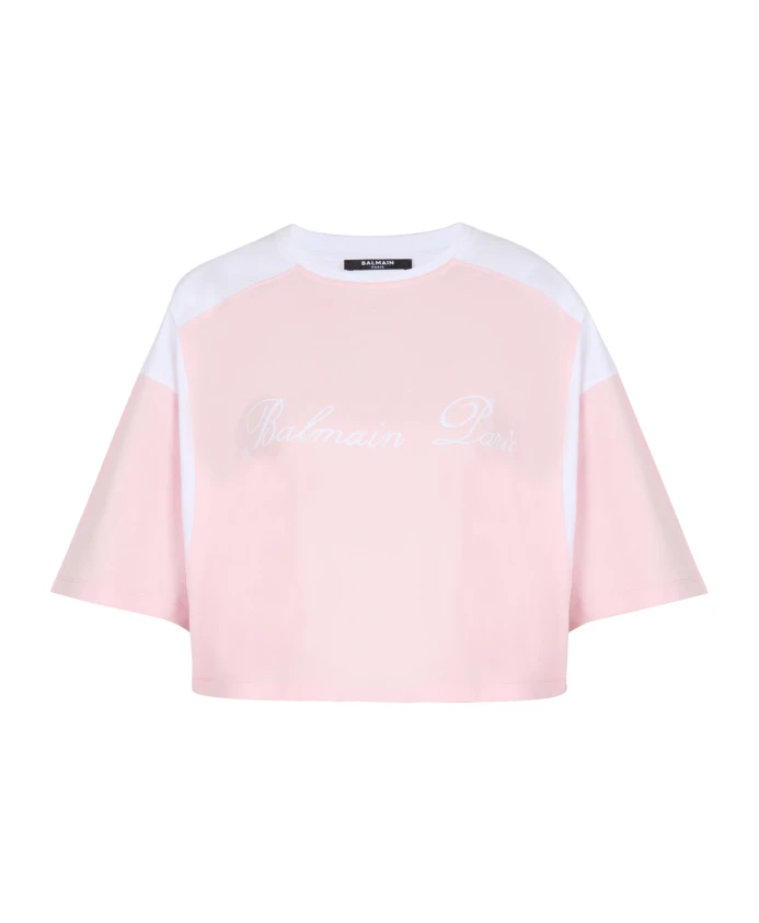 Двухцветная футболка с фирменной вышивкой Balmain, розовый
Двухцветная футболка с фирменной вышивкой Balmain, розовый