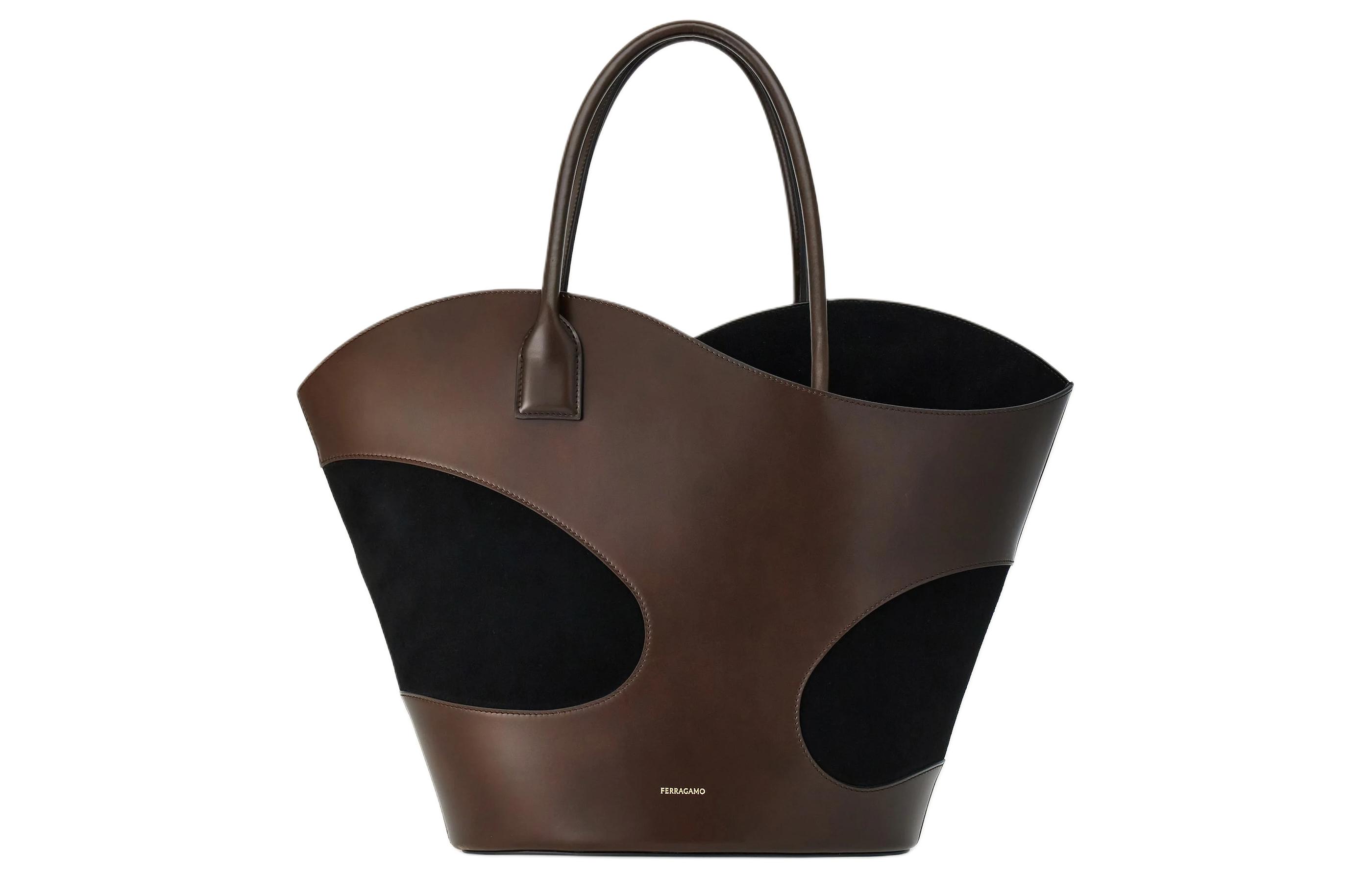 Ferragamo Женская сумка из телячьей кожи с замшей, большая, коричнево-черная
Ferragamo Женская сумка из телячьей кожи с замшей, большая, коричнево-черная
