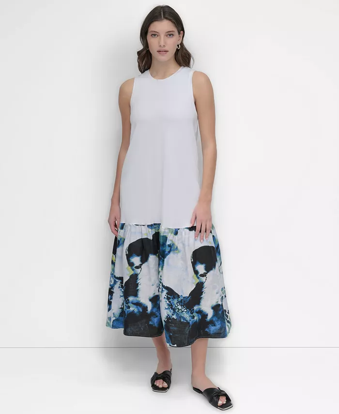 Женское платье без рукавов с цветочным принтом и комбинированным подолом DKNY, белый
Женское платье без рукавов с цветочным принтом и комбинированным подолом DKNY, белый