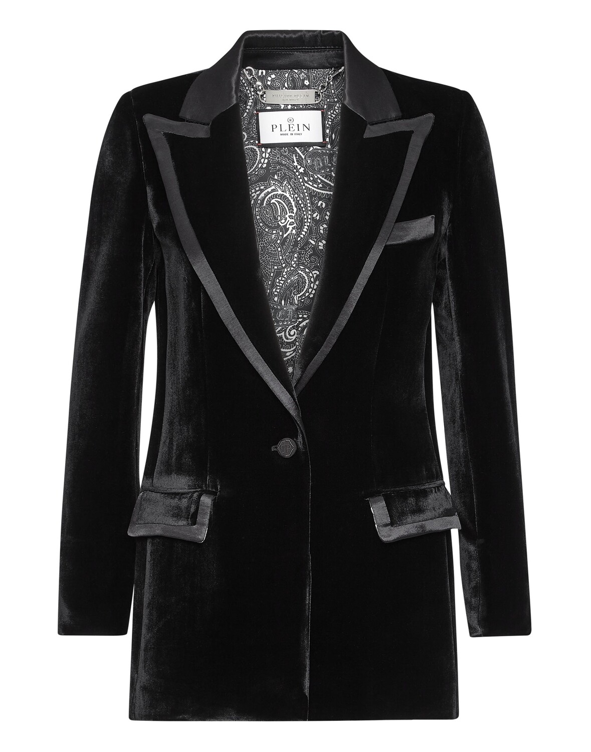 Бархатный пиджак свободного кроя с узором пейсли и банданой Philipp Plein, черный
Бархатный пиджак свободного кроя с узором пейсли и банданой Philipp Plein, черный