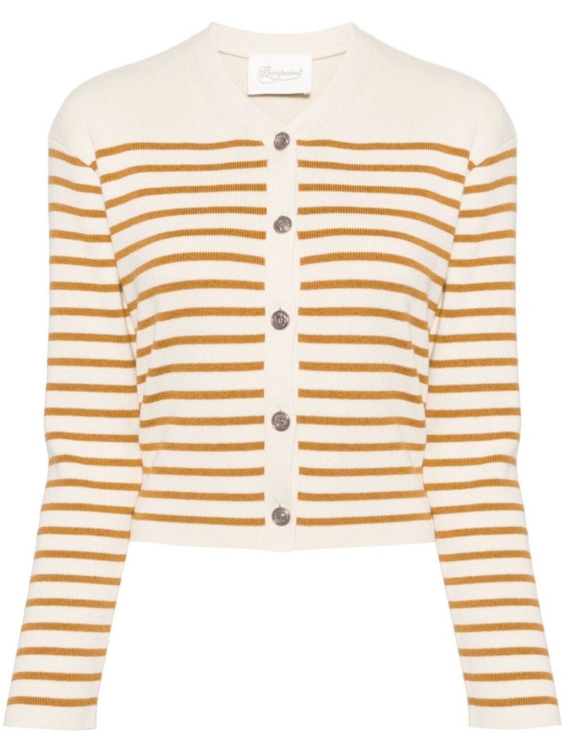 Полосатый кардиган с V-образным вырезом Bonpoint, бежевый
Полосатый кардиган с V-образным вырезом Bonpoint, бежевый
