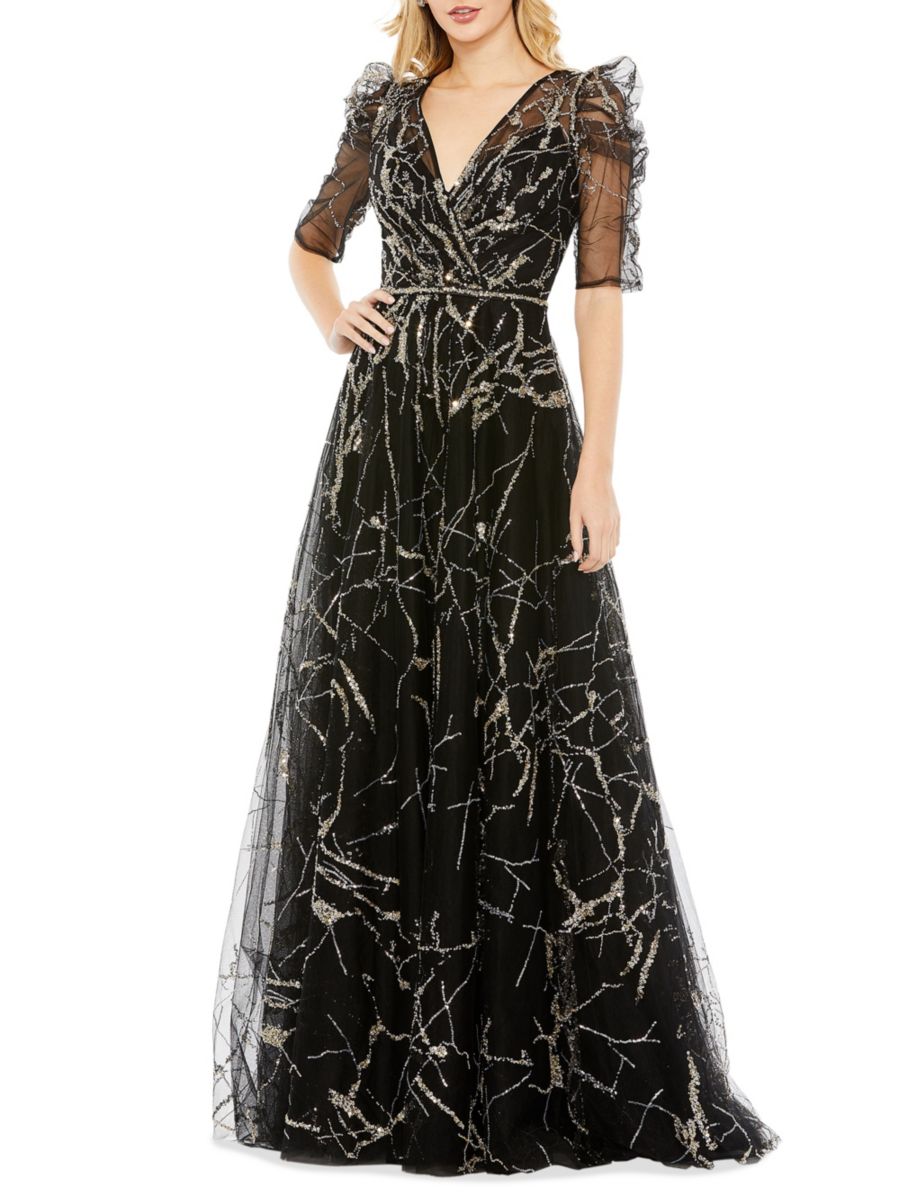 Платье А-силуэта с пайетками и сеткой Mac Duggal, черный
Платье А-силуэта с пайетками и сеткой Mac Duggal, черный