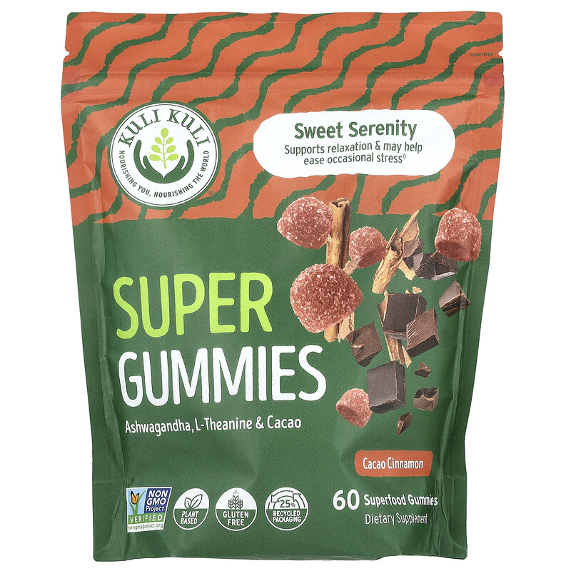 Kuli Kuli, Super Gummies, Sweet Serenity, какао и корица, 60 жевательных мармеладок
Kuli Kuli, Super Gummies, Sweet Serenity, какао и корица, 60 жевательных мармеладок