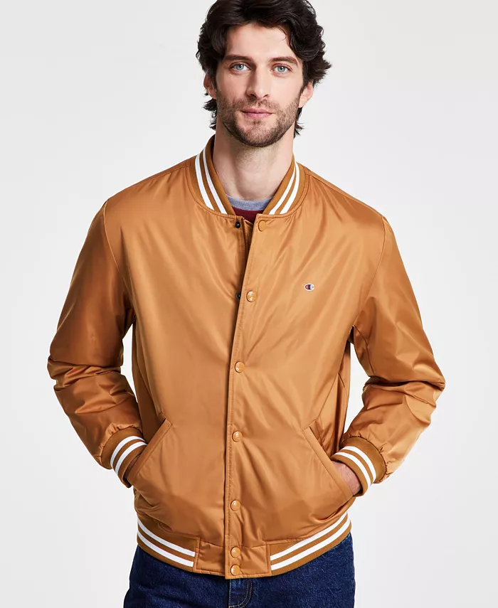 Мужская классическая бейсбольная куртка с логотипом и отделкой в полоску Champion, коричневый
Мужская классическая бейсбольная куртка с логотипом и отделкой в полоску Champion, коричневый
