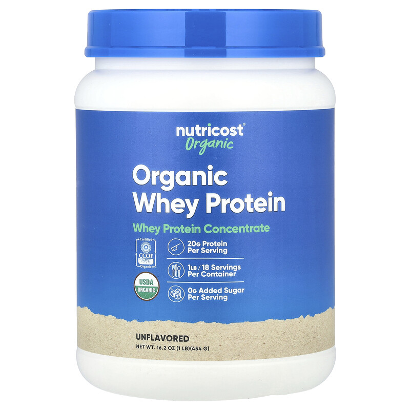 Nutricost, органический сывороточный протеин, без добавок, 454 г (1 фунт) 
Nutricost, органический сывороточный протеин, без добавок, 454 г (1 фунт)