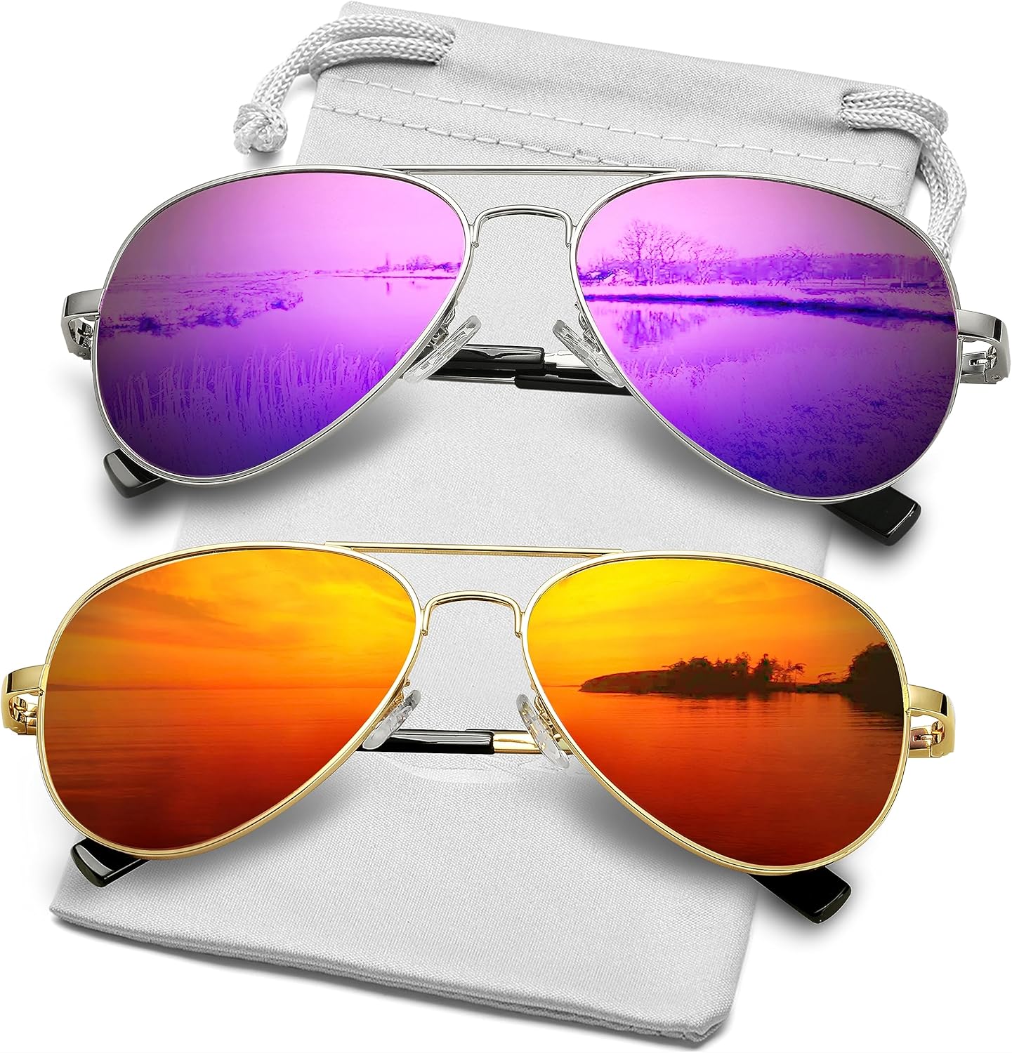 Классические поляризованные солнцезащитные очки-авиаторы AIEYEZO для мужчин и женщин, с пружинным шарниром и металлической оправой, защита от УФ-излучения UV400, 2 Pack (Silver/Purple Mirror + Gold/Red Mirror)
Классические поляризованные солнцезащитные очки-авиаторы AIEYEZO для мужчин и женщин, с пружинным шарниром и металлической оправой, защита от УФ-излучения UV400, 2 Pack (Silver/Purple Mirror + Gold/Red Mirror)