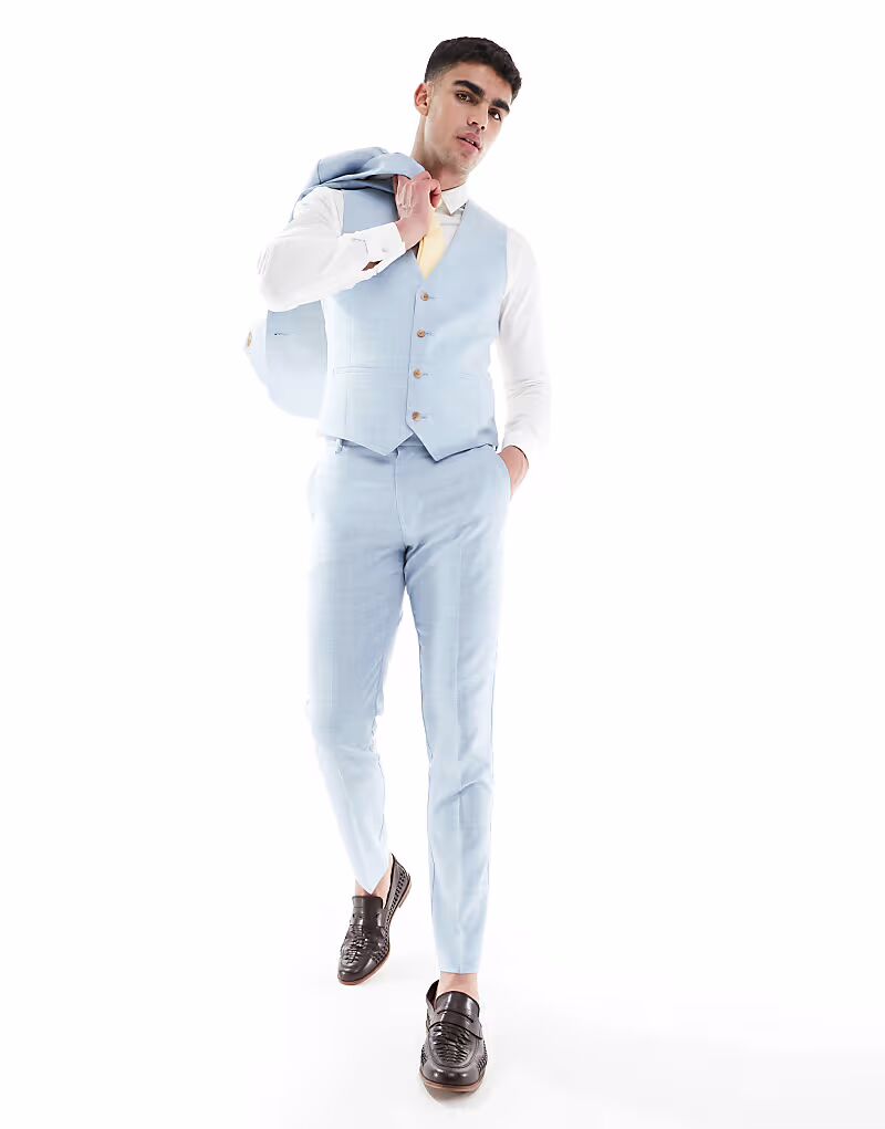 Узкие брюки для свадебного костюма из синей фактуры Asos Design
Узкие брюки для свадебного костюма из синей фактуры Asos Design