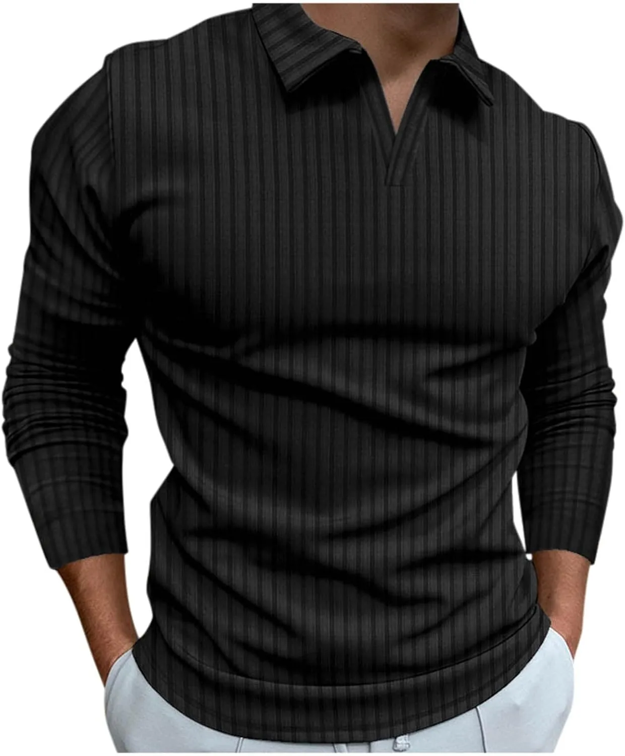 Мужская поло с длинным рукавом, полосатая, V-образный вырез
Мужская поло с длинным рукавом, полосатая, V-образный вырез