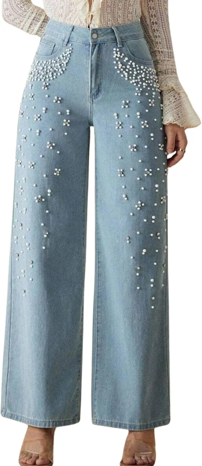 BAIMORE женские джинсы с высокой талией и широкими штанинами, украшенные жемчугом и стразами
BAIMORE женские джинсы с высокой талией и широкими штанинами, украшенные жемчугом и стразами