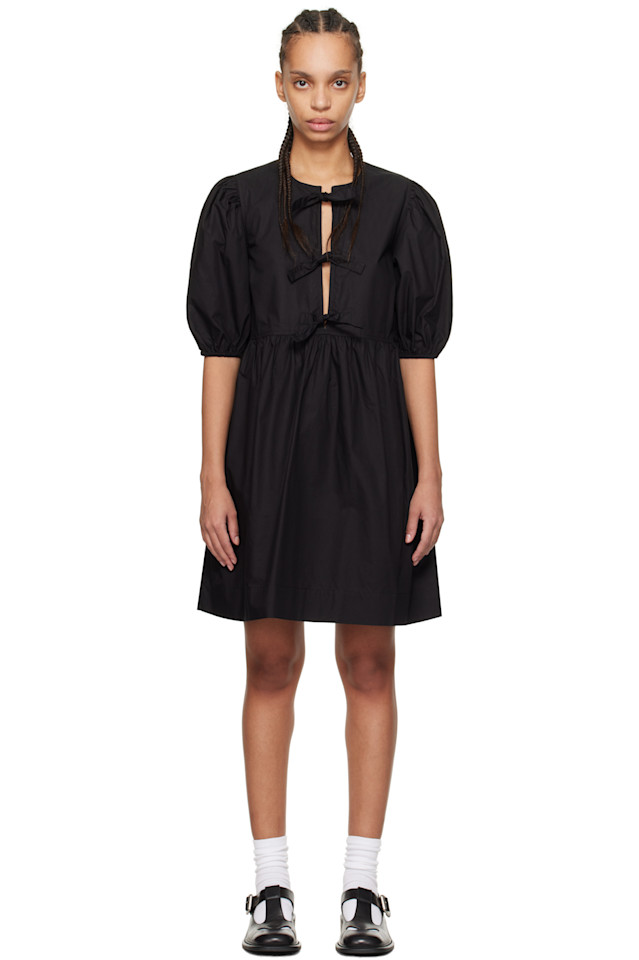 Хлопковое поплиновое мини-платье с завязками Ganni, черный 
Хлопковое поплиновое мини-платье с завязками Ganni, черный