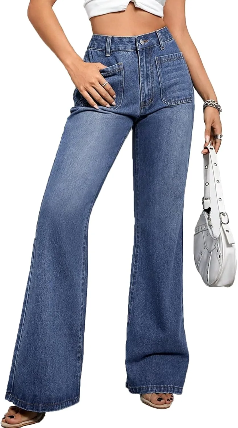 Женские прямые брюки с карманами и расклешенным низом, джинсы с высокой талией
Женские прямые брюки с карманами и расклешенным низом, джинсы с высокой талией