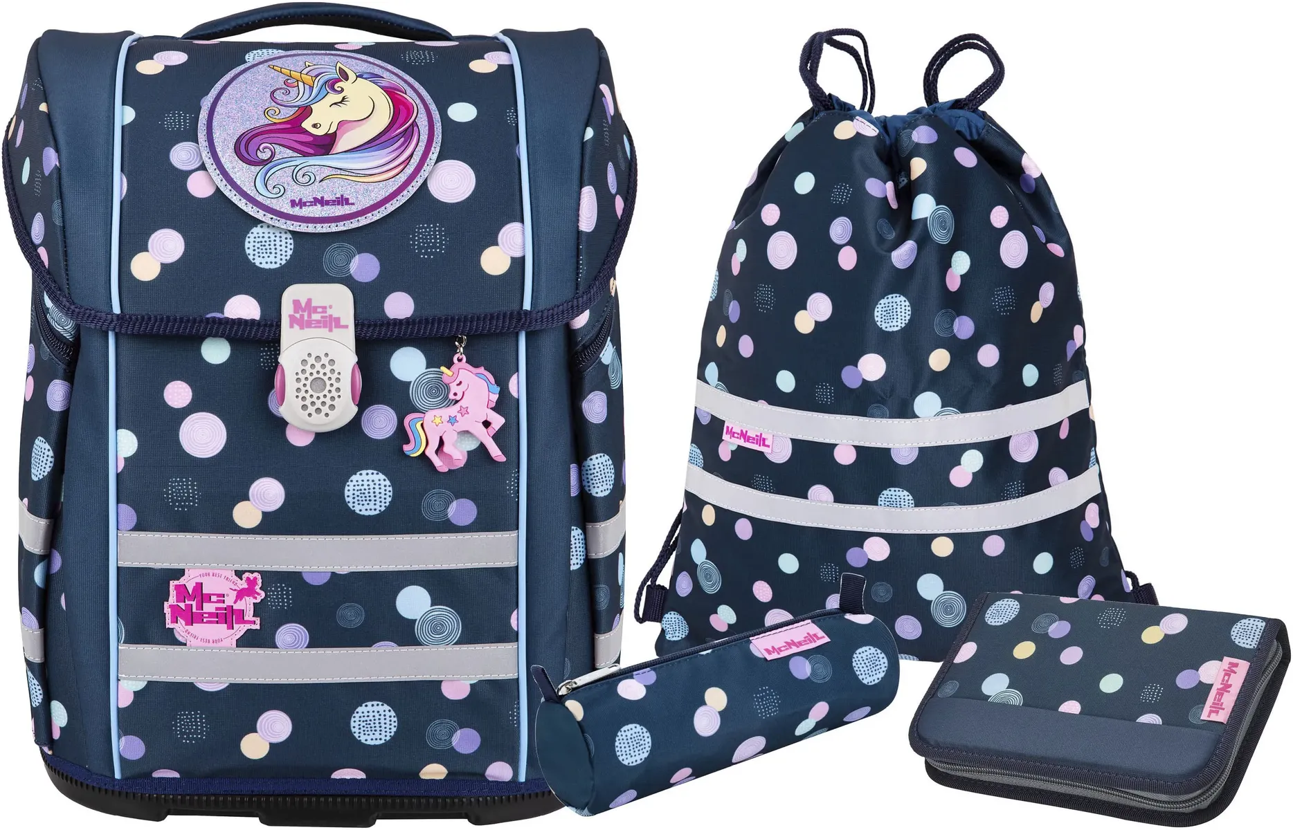 Школьная сумка McNeill "Perfecto, Polly", светоотражающие полосы на лямках, светоотражающие поверхности, включая пенал, спортивную сумку, рулончик для карандашей и магнит с мотивом, цвет Polly
Школьная сумка McNeill "Perfecto, Polly", светоотражающие полосы на лямках, светоотражающие поверхности, включая пенал, спортивную сумку, рулончик для карандашей и магнит с мотивом, цвет Polly