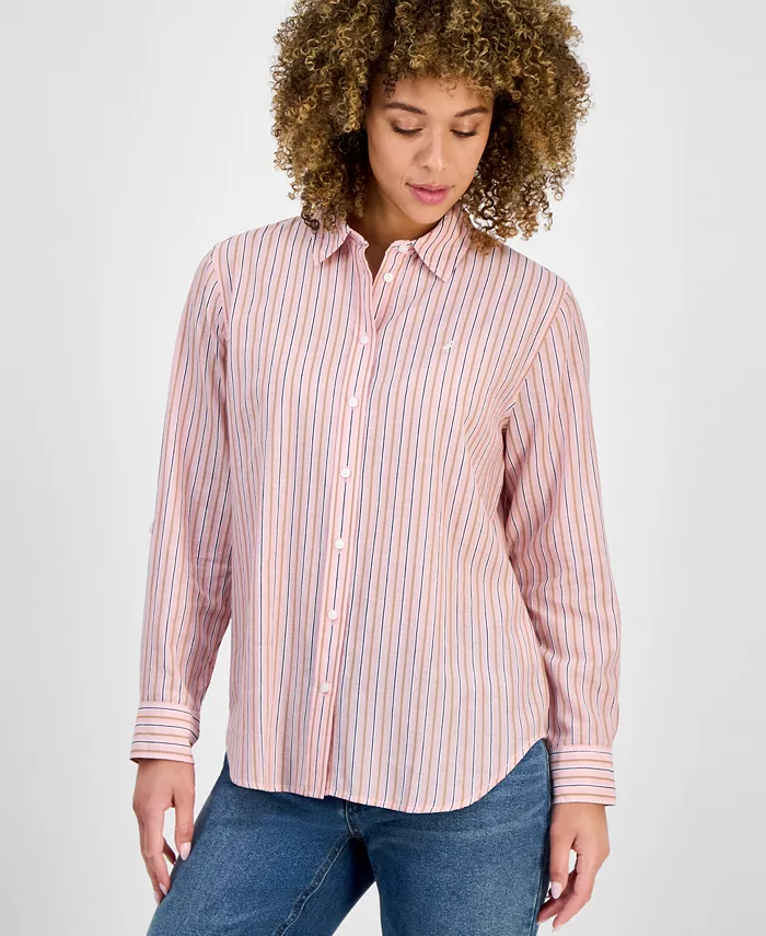 Женская полосатая хлопковая рубашка на пуговицах спереди Nautica Jeans, розовый
Женская полосатая хлопковая рубашка на пуговицах спереди Nautica Jeans, розовый