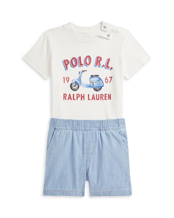 Детский комплект: футболка с логотипом и шорты из хлопка и шамбрея - Baby Ralph Lauren, белый 
Детский комплект: футболка с логотипом и шорты из хлопка и шамбрея - Baby Ralph Lauren, белый