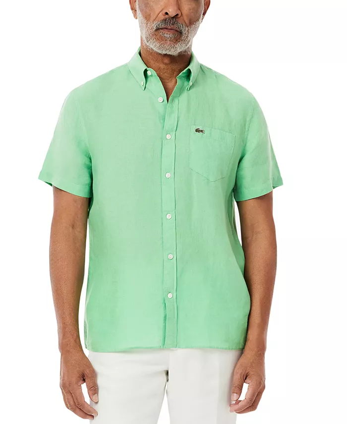 Мужская классическая льняная рубашка с логотипом Lacoste, зеленый 
Мужская классическая льняная рубашка с логотипом Lacoste, зеленый