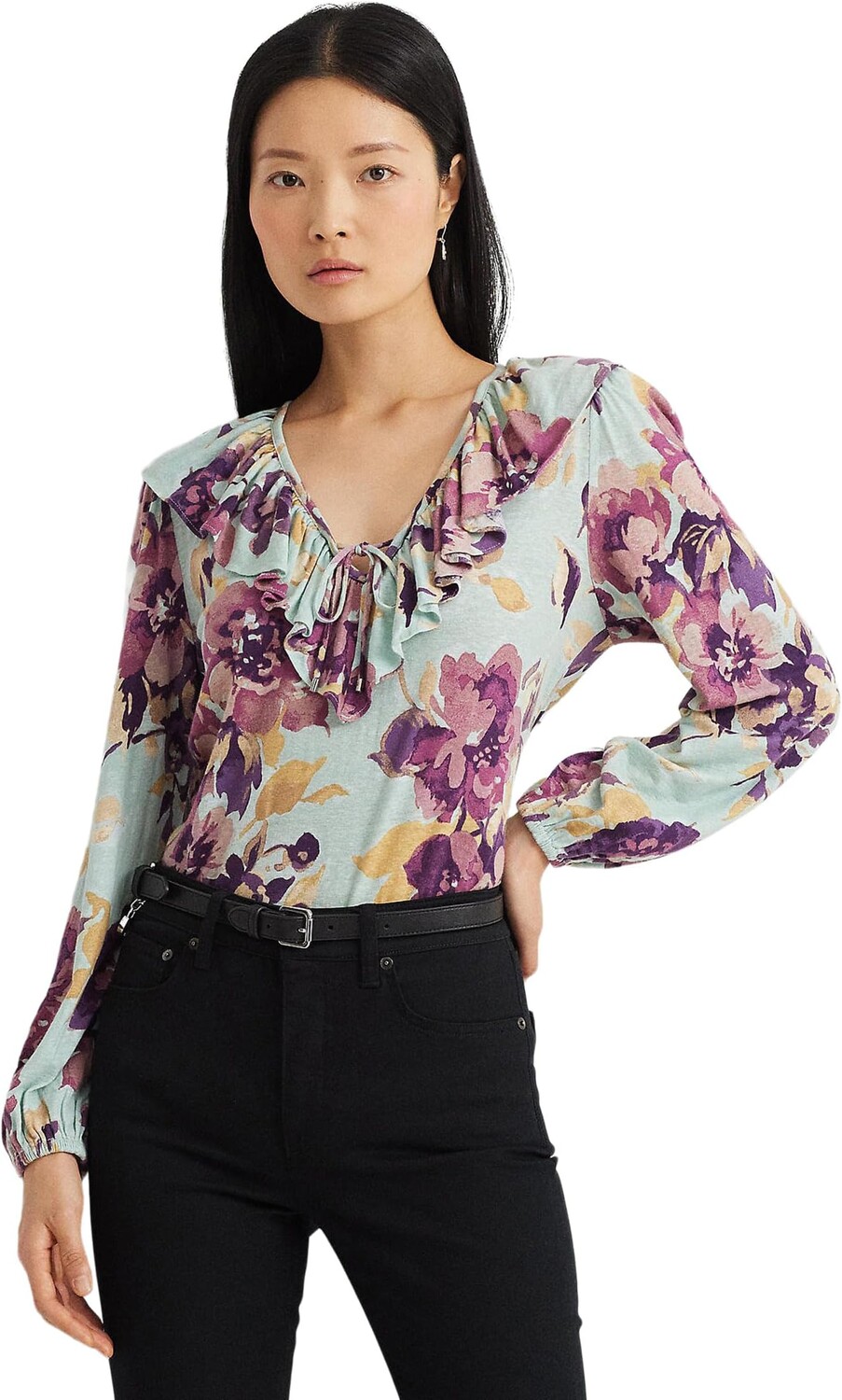 Топ LAUREN Ralph Lauren Floral Ruffle-Trim Jersey Tie-Neck Top, цвет Light Green Multi 
Топ LAUREN Ralph Lauren Floral Ruffle-Trim Jersey Tie-Neck Top, цвет Light Green Multi