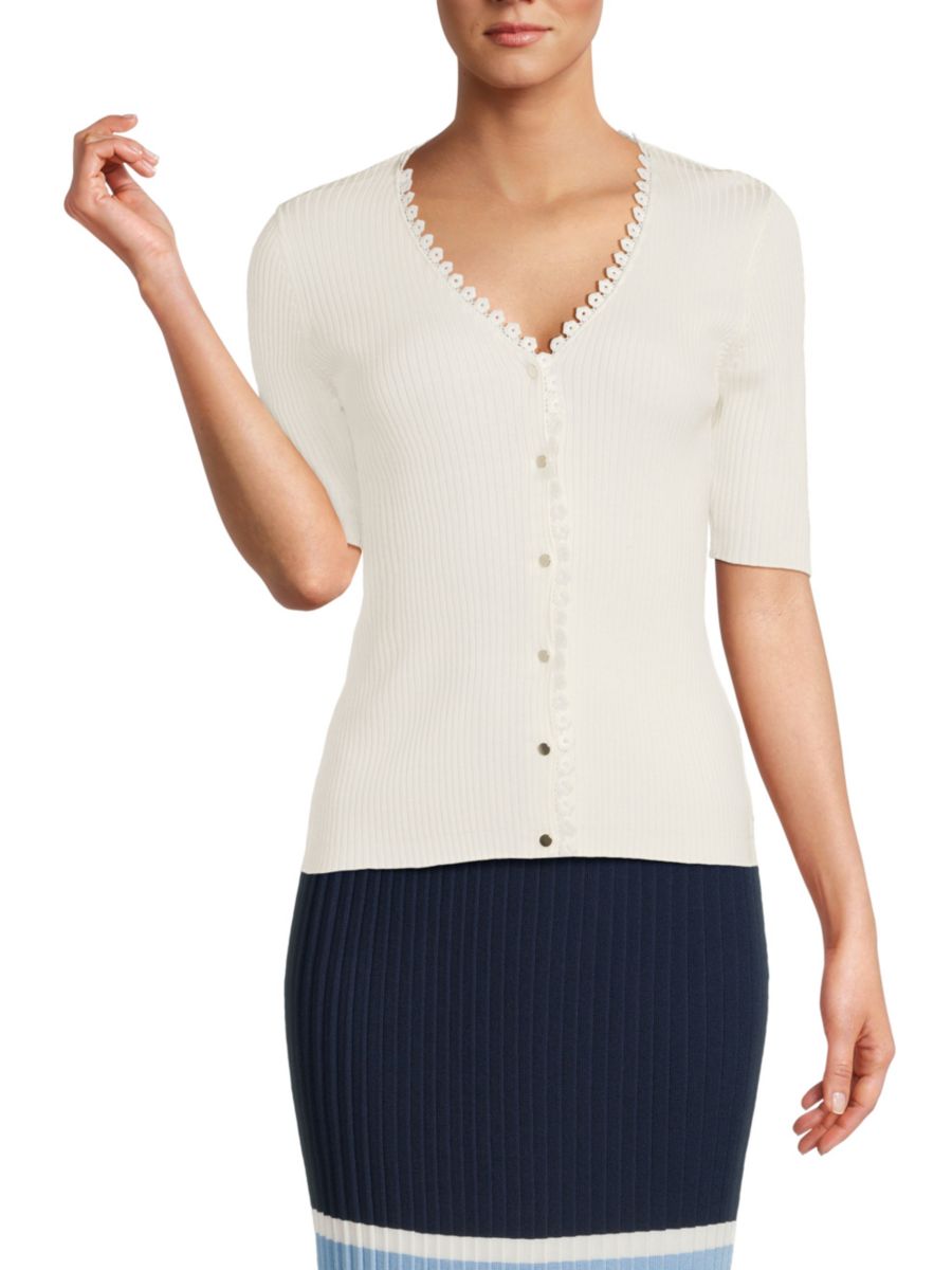 Кардиган с V-образным вырезом в рубчик и пуговицами T Tahari, цвет White Star 
Кардиган с V-образным вырезом в рубчик и пуговицами T Tahari, цвет White Star