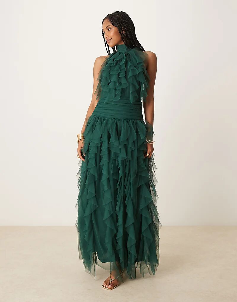 Платье макси из тюля с кружевом и бисером, изумрудно-зеленого цвета 
Платье макси из тюля с кружевом и бисером, изумрудно-зеленого цвета