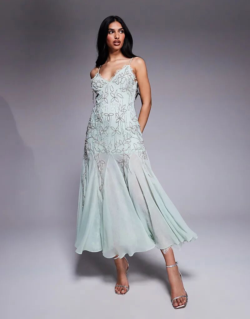 Платье миди ASOS DESIGN с отделкой из страз и бисера, кружевом и расклешенным подолом в цвете шалфея 
Платье миди ASOS DESIGN с отделкой из страз и бисера, кружевом и расклешенным подолом в цвете шалфея