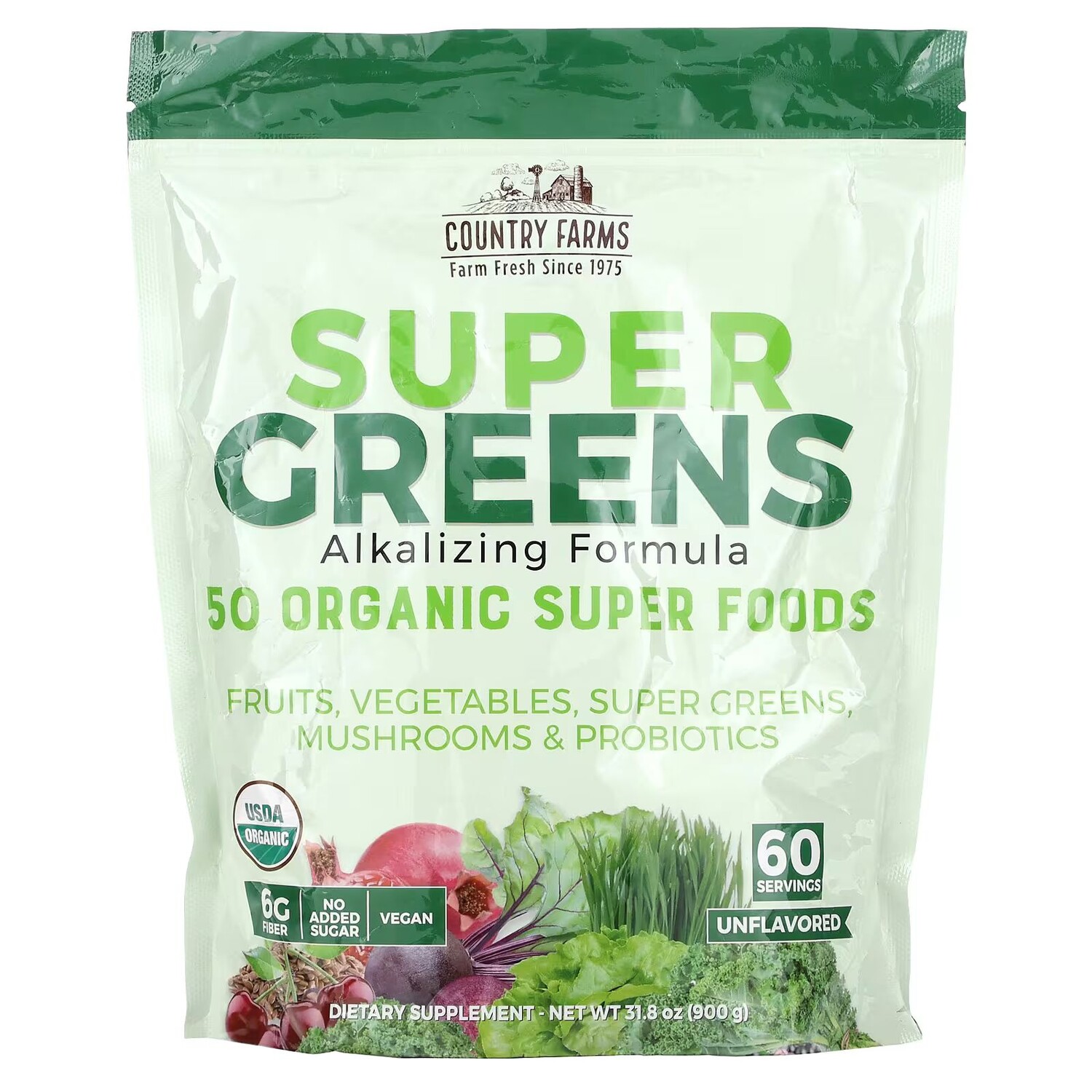 Super Greens, Подщелачивающая формула, без ароматизаторов, 31,8 унции (900 г) Country Farms 
Super Greens, Подщелачивающая формула, без ароматизаторов, 31,8 унции (900 г) Country Farms