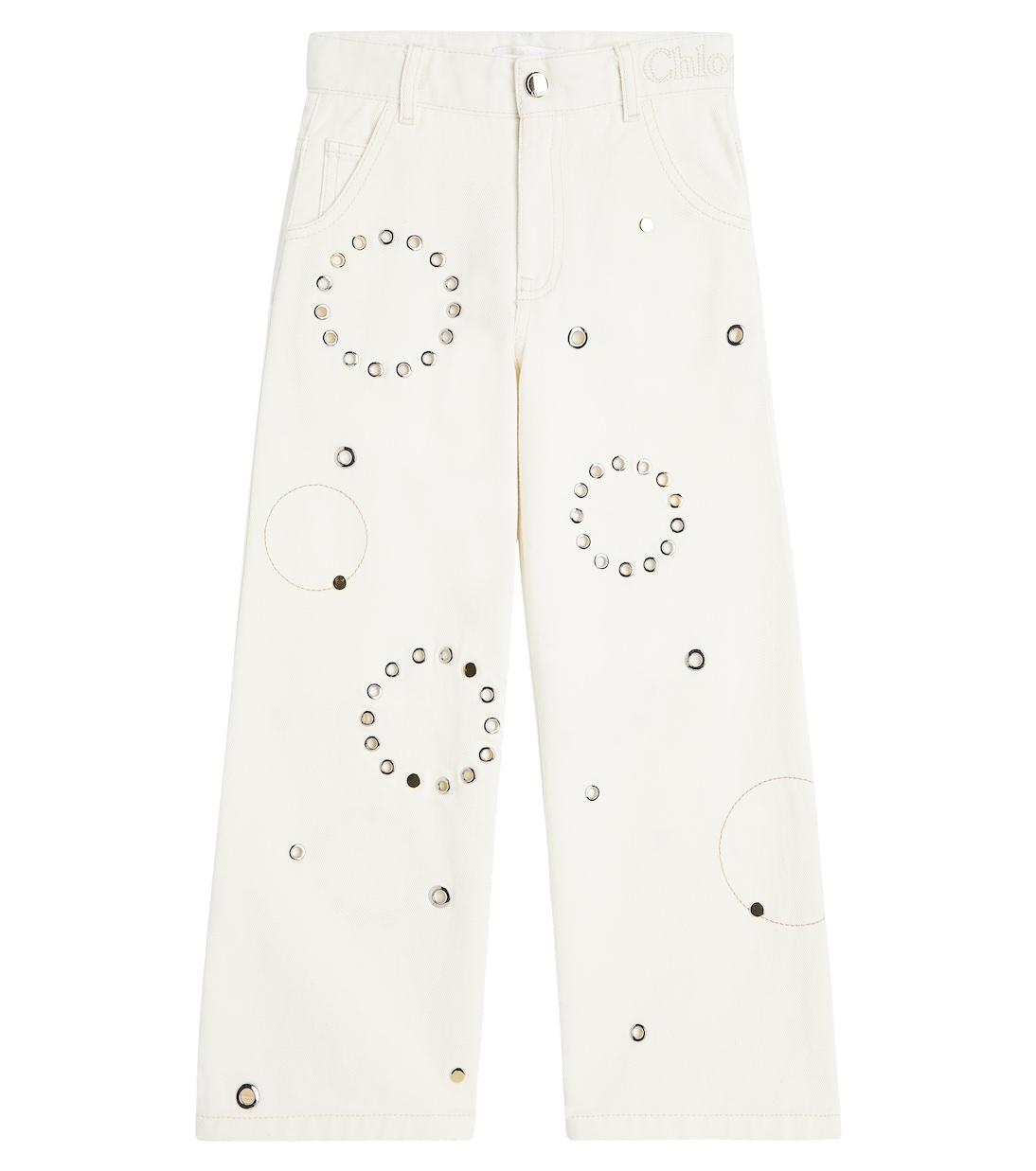 Прямые джинсы с заклепками Chloé Kids, слоновая кость
Прямые джинсы с заклепками Chloé Kids, слоновая кость