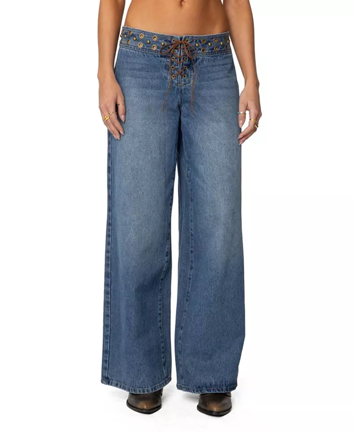 Женские джинсы с заклепками и люверсами, низкая талия Edikted, синий 
Женские джинсы с заклепками и люверсами, низкая талия Edikted, синий