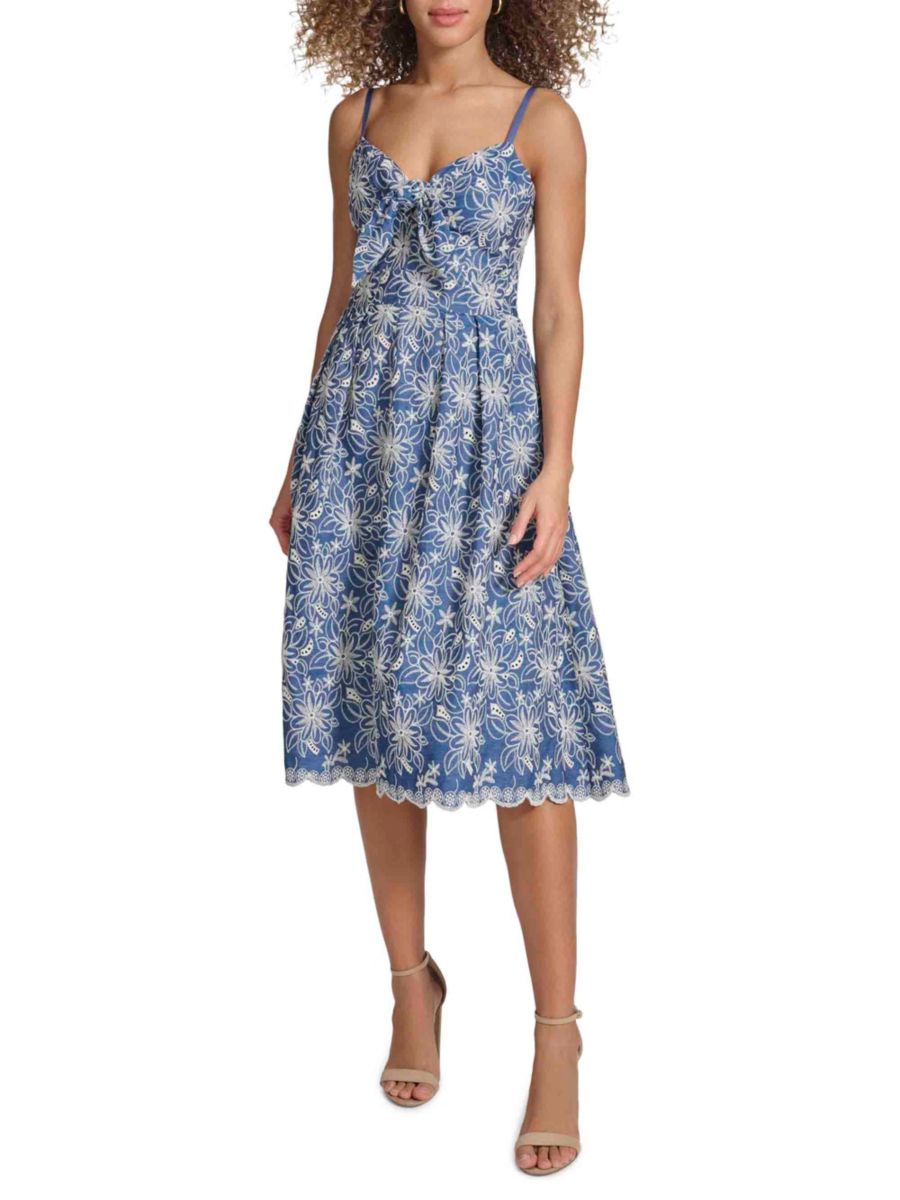 Платье миди в стиле ампир с вышивкой и завязкой спереди Kensie, цвет Chambray 
Платье миди в стиле ампир с вышивкой и завязкой спереди Kensie, цвет Chambray