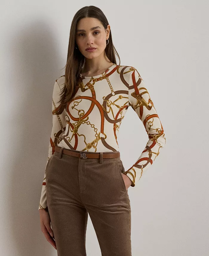 Женская хлопковая футболка с длинным рукавом и принтом пояса Lauren Ralph Lauren, белый 
Женская хлопковая футболка с длинным рукавом и принтом пояса Lauren Ralph Lauren, белый