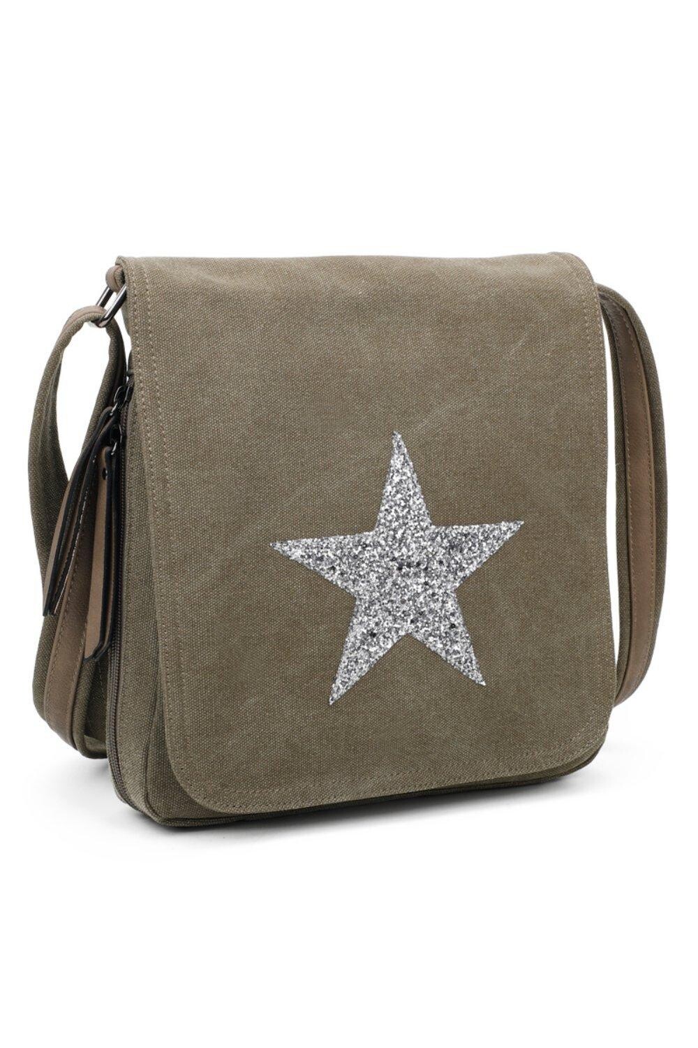 Сумка-мессенджер из парусины через плечо среднего размера с тройной молнией и клапаном в виде звезды Fontanella Fashion, зеленый 
Сумка-мессенджер из парусины через плечо среднего размера с тройной молнией и клапаном в виде звезды Fontanella Fashion, зеленый