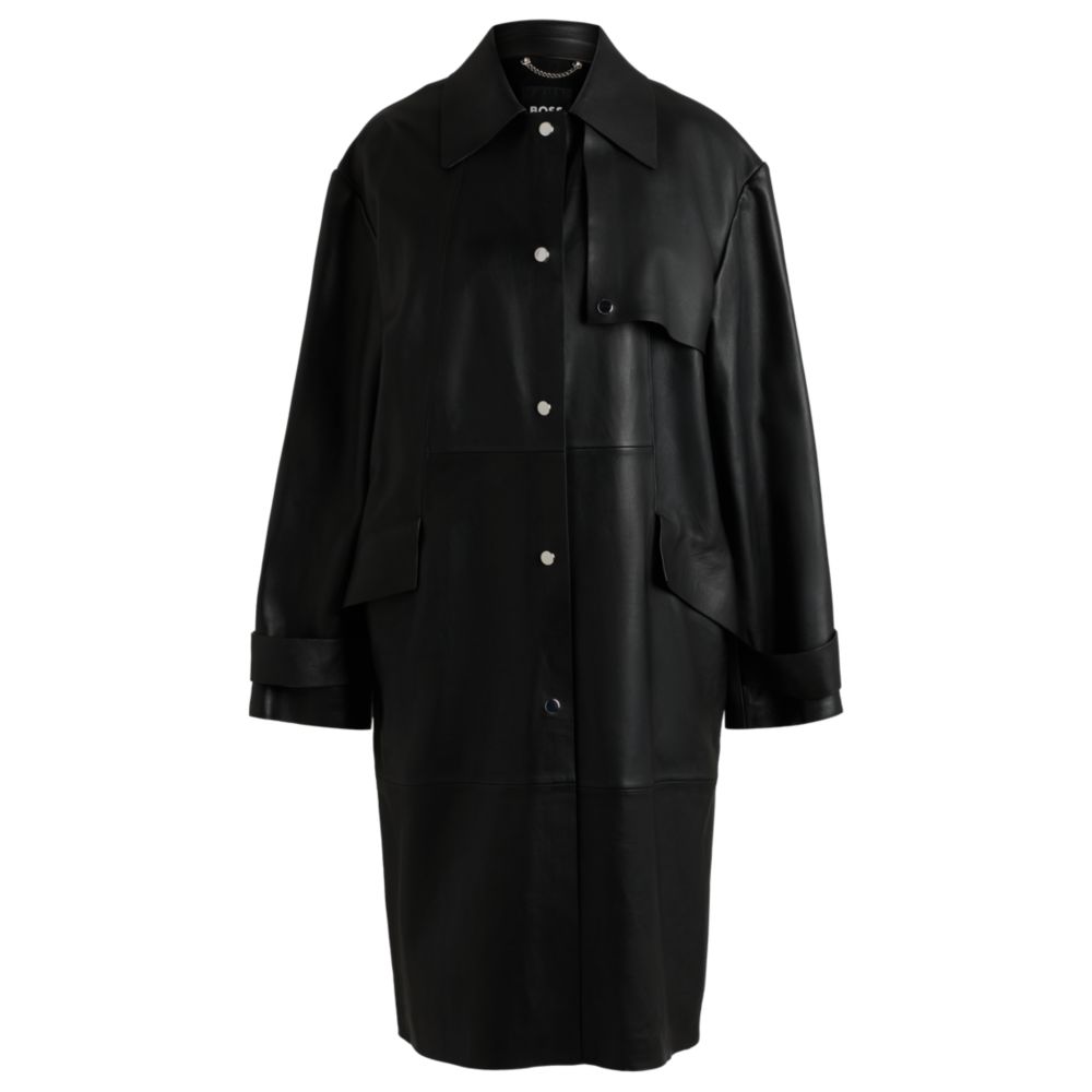 Кожаный тренч с серебристой отделкой BOSS, черный
Кожаный тренч с серебристой отделкой BOSS, черный