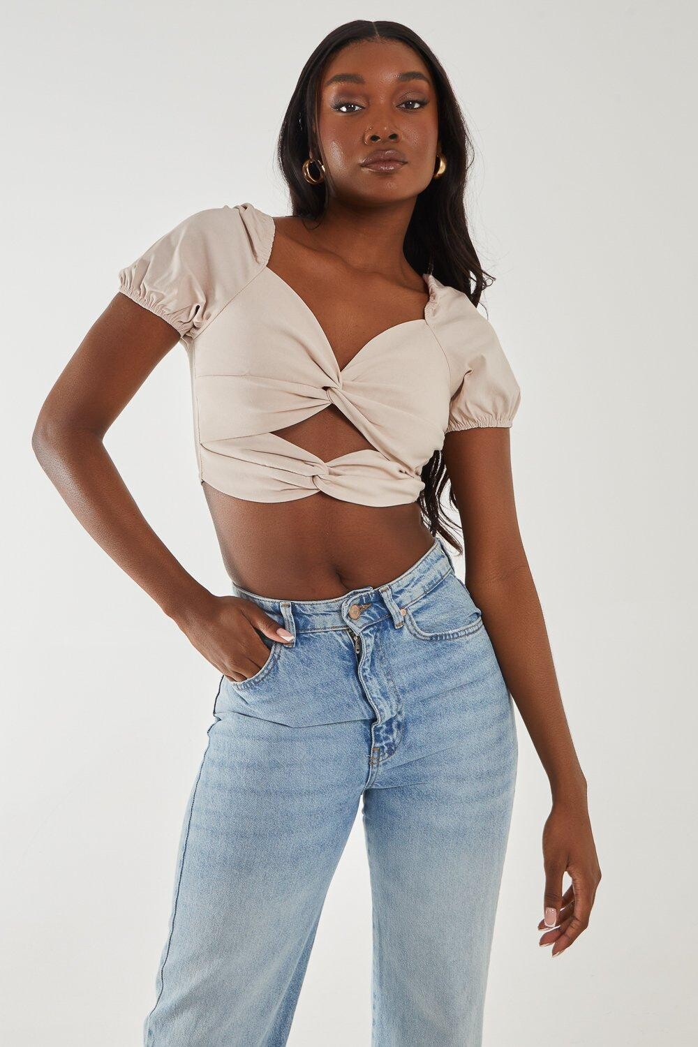 Укороченный бенгальский топ с пышными рукавами Pink Vanilla, серый 
Укороченный бенгальский топ с пышными рукавами Pink Vanilla, серый