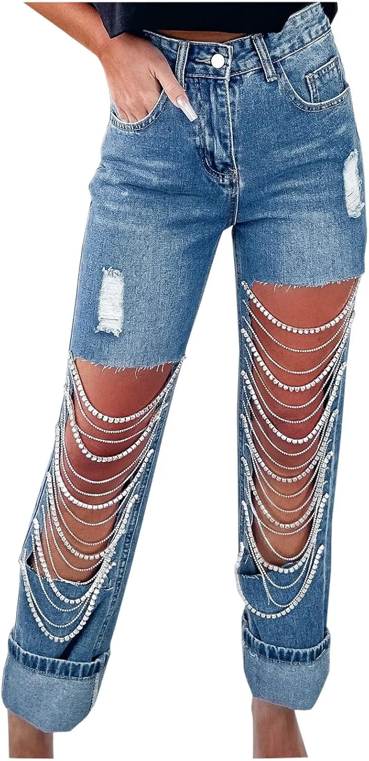 Женские рваные джинсы с камнями High Waisted Stretchy
Женские рваные джинсы с камнями High Waisted Stretchy