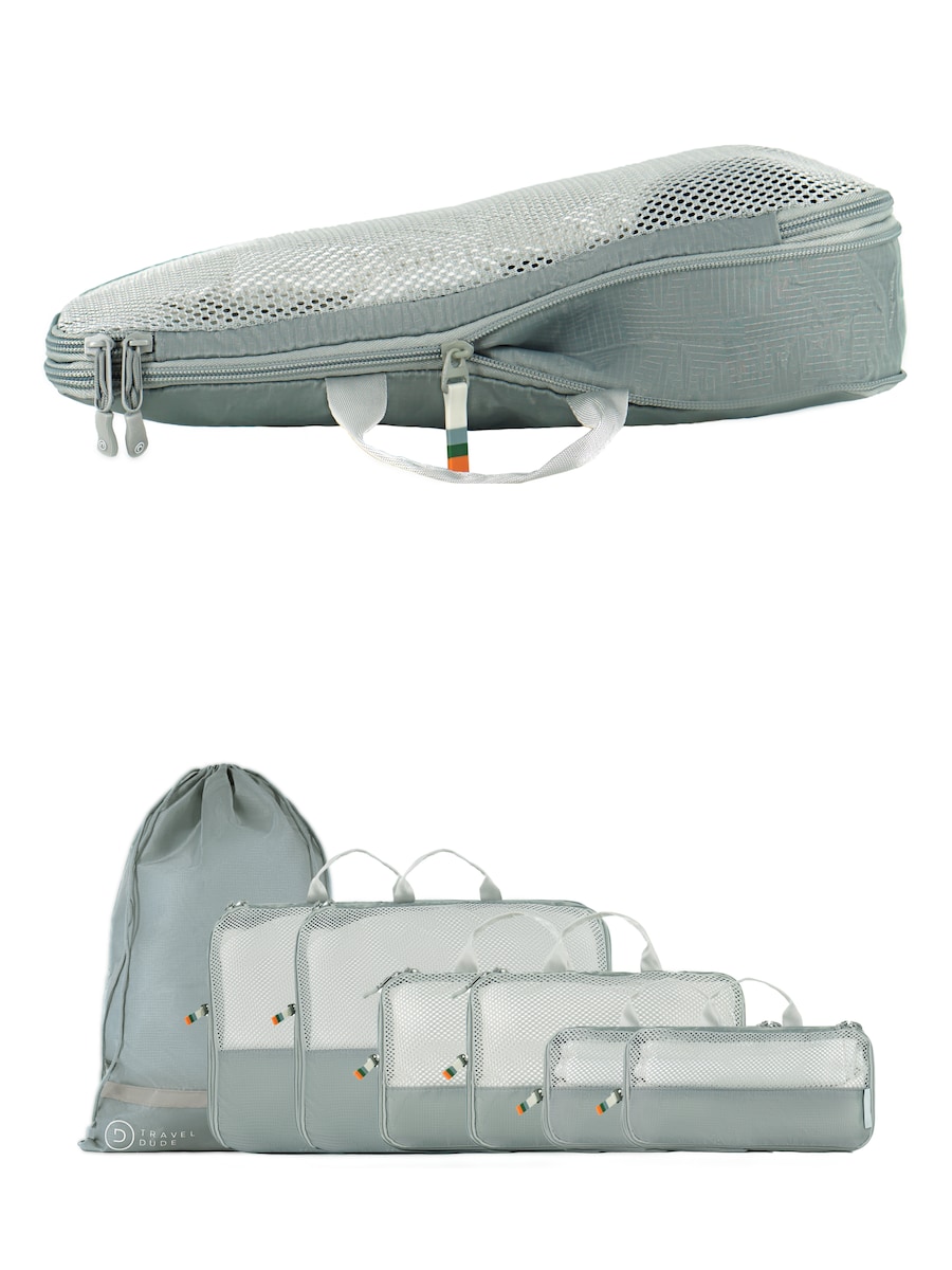 Дорожная сумка TRAVEL DUDE Packing Cubes Set 7-tlg. mit Kompression aus recycelten Plastikflaschen | Leichte Packwürfel | Packtaschen Set für Rucksack & Koffer, светло-серый
Дорожная сумка TRAVEL DUDE Packing Cubes Set 7-tlg. mit Kompression aus recycelten Plastikflaschen | Leichte Packwürfel | Packtaschen Set für Rucksack & Koffer, светло-серый