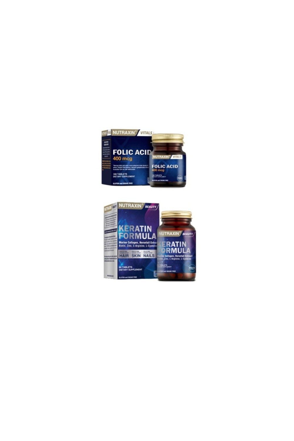 Nutraxin Фолиевая кислота 100 таблеток + формула кератина 60 таблеток, содержащих биотин, цинк и витамины группы В
Nutraxin Фолиевая кислота 100 таблеток + формула кератина 60 таблеток, содержащих биотин, цинк и витамины группы В