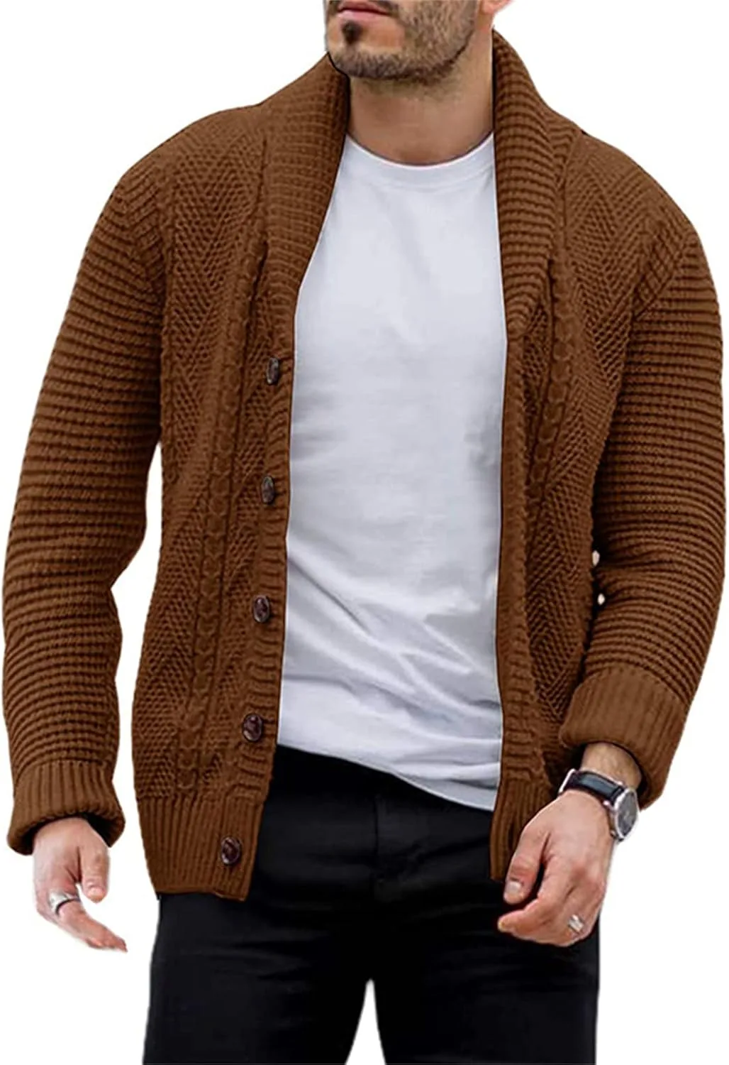 VIVICOLOR мужской кардиган с шальным воротником, вязаный кабельной вязкой
VIVICOLOR мужской кардиган с шальным воротником, вязаный кабельной вязкой