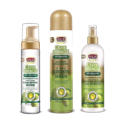 Olive Miracle Finish & Style Regimen Не осыпающаяся пена для укладки волос, спрей для блеска и 7-в-1 несмываемое увлажняющее средство для восстановления вьющихся волос African Pride
Olive Miracle Finish & Style Regimen Не осыпающаяся пена для укладки волос, спрей для блеска и 7-в-1 несмываемое увлажняющее средство для восстановления вьющихся волос African Pride