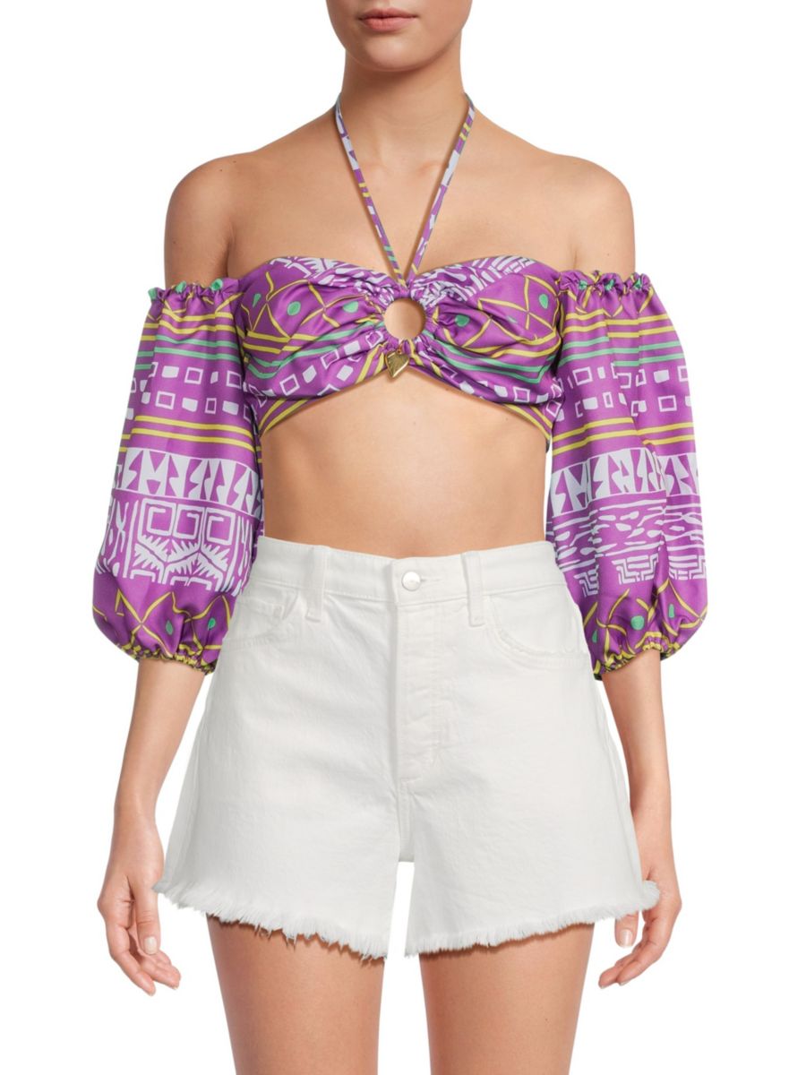 Укороченный топ с геометрическим принтом и бретельками через шею Claude Kameni, фиолетовый
Укороченный топ с геометрическим принтом и бретельками через шею Claude Kameni, фиолетовый