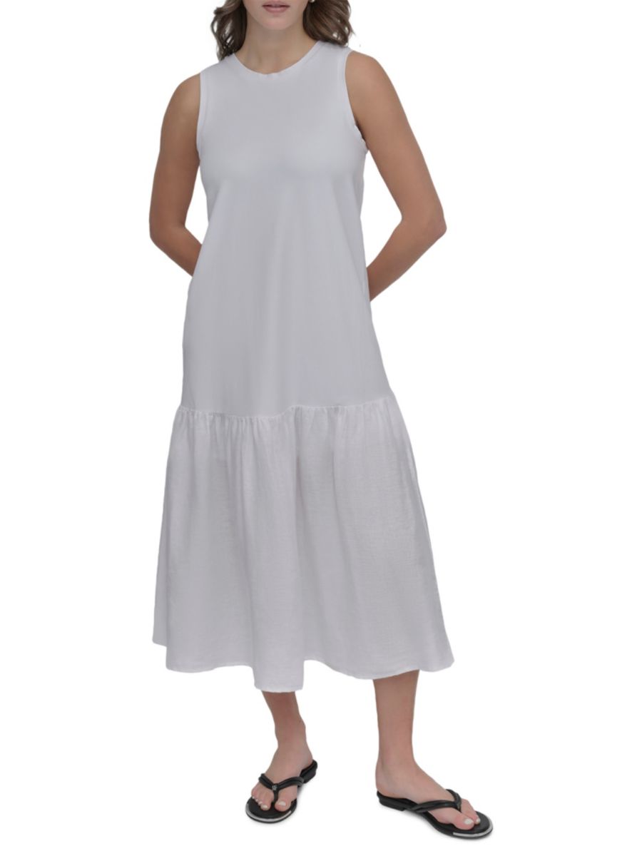 Платье миди без рукавов из смешанной техники DKNY, белый
Платье миди без рукавов из смешанной техники DKNY, белый