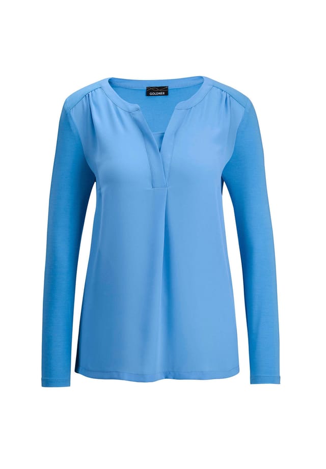 Короткий размер: блузка-рубашка с шифоновой вставкой Goldner, синий
Короткий размер: блузка-рубашка с шифоновой вставкой Goldner, синий