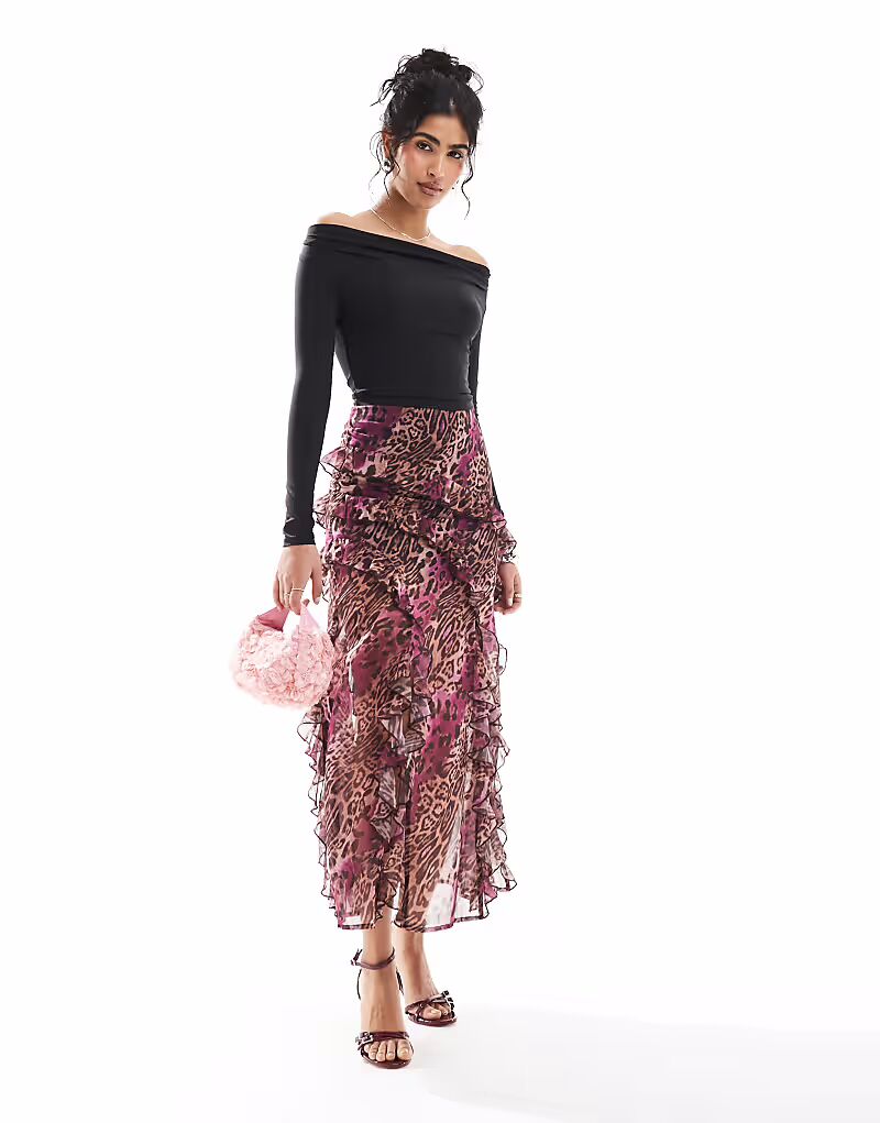 Юбка миди Miss Selfridge с оборками и леопардовым принтом 
Юбка миди Miss Selfridge с оборками и леопардовым принтом