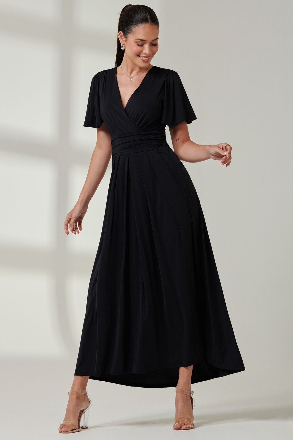 Платье макси из супергладкого джерси с рукавами ангела Jolie Moi, черный 
Платье макси из супергладкого джерси с рукавами ангела Jolie Moi, черный