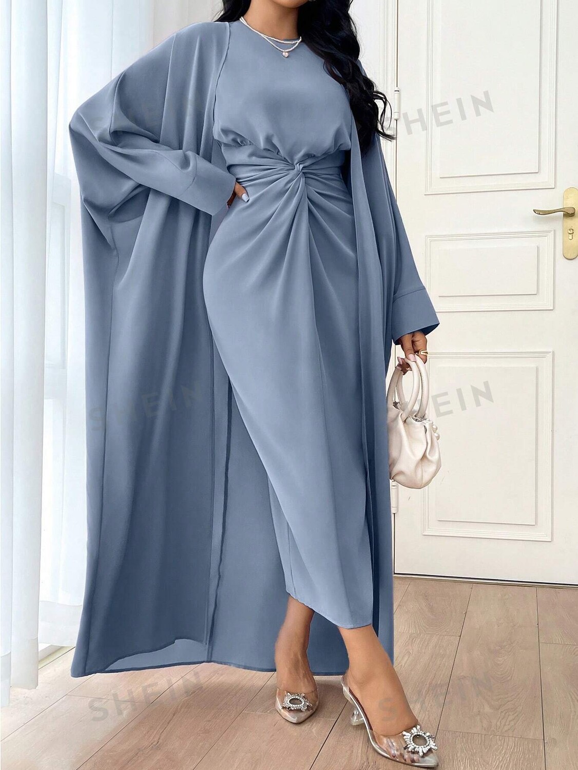 Комплект из двух предметов Modely: Женская однотонная куртка с рукавами «летучая мышь» Открытый перед и завязка на талии, осенне-весенний стиль Shein, синий 
Комплект из двух предметов Modely: Женская однотонная куртка с рукавами «летучая мышь» Открытый перед и завязка на талии, осенне-весенний стиль Shein, синий