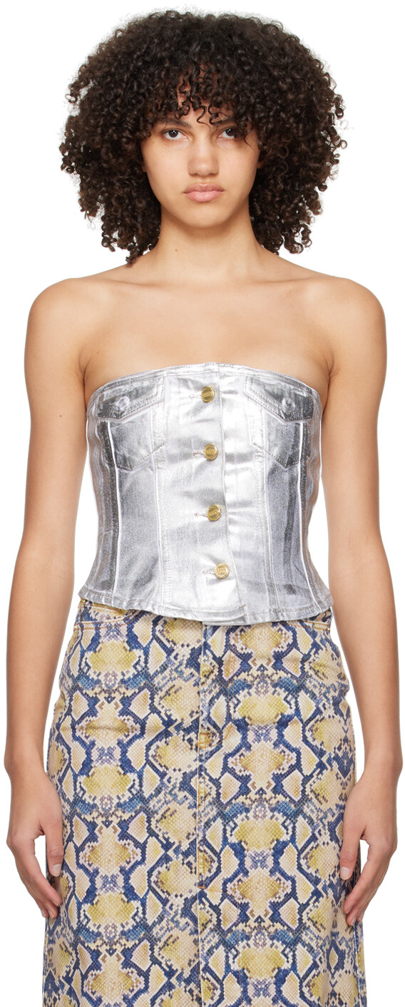 Серебряная джинсовая майка с корсетом Ganni
Серебряная джинсовая майка с корсетом Ganni