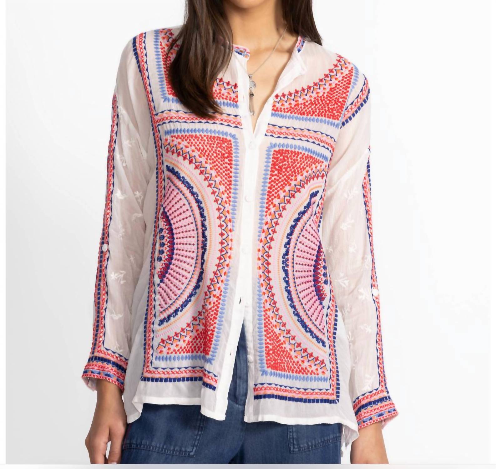 Johnny Was Белая рубашка с воротником-стойкой "Одри"
Johnny Was Белая рубашка с воротником-стойкой "Одри"