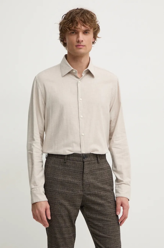 Хлопковая рубашка Boss, бежевый 
Хлопковая рубашка Boss, бежевый