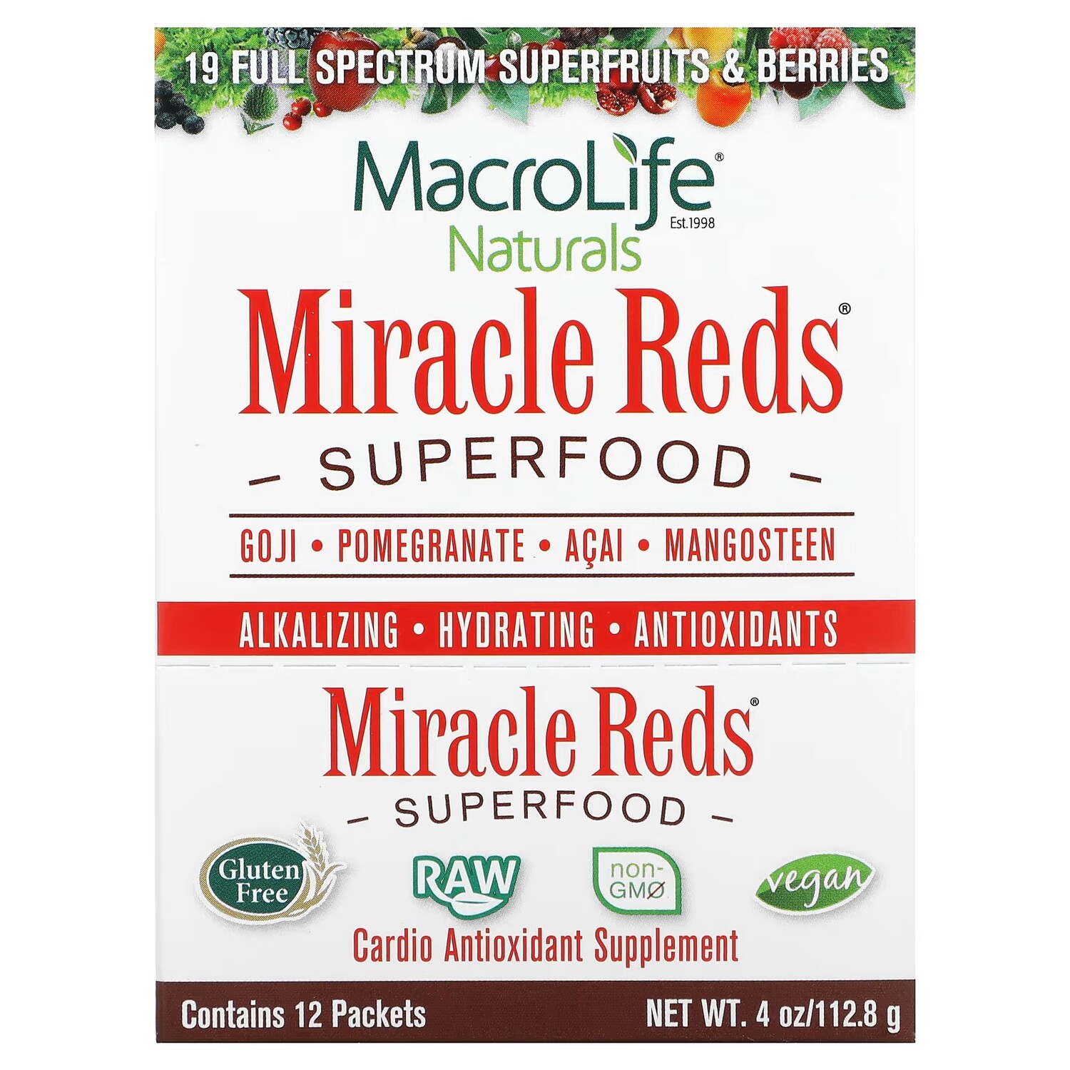 Добавка Macrolife Naturals Miracle Reds Superfood Goji Pomegranate Acai Mangosteen, 12 пакетиков по 9,5 г
Добавка Macrolife Naturals Miracle Reds Superfood Goji Pomegranate Acai Mangosteen, 12 пакетиков по 9,5 г